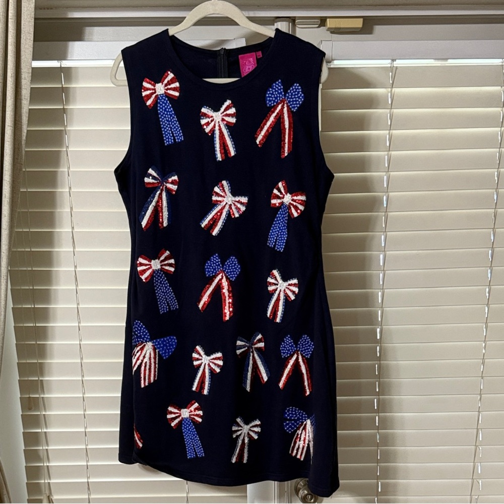 Queen of Sparkles 2XL Navy Dress with Red, White, and Blue Bow Accents